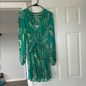 Kivari Teal and Yellow Leaf Print Long Sleeve Dress